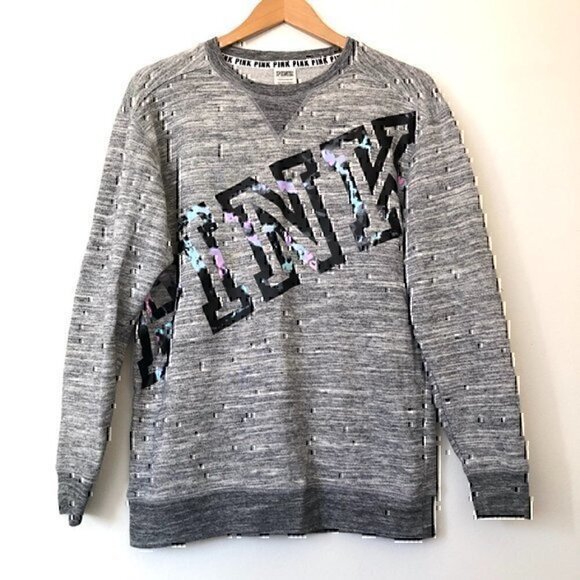 PINK VS VICTORIA'S SECRET Campus Crew Sweatshirt Gray Marled Paint Splatter XS - Picture 2 of 10
